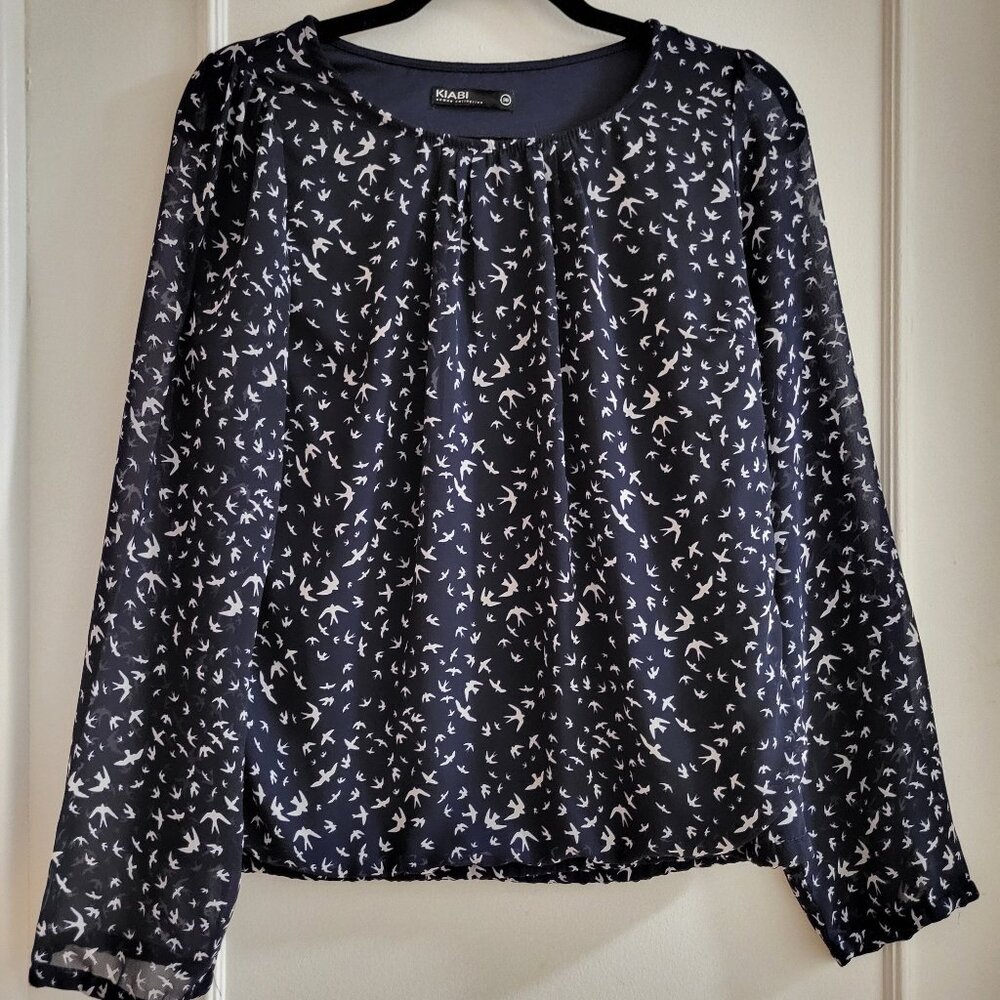 KIABI Navy Blue Bird Print Long Sleeve Blouse - Size 38